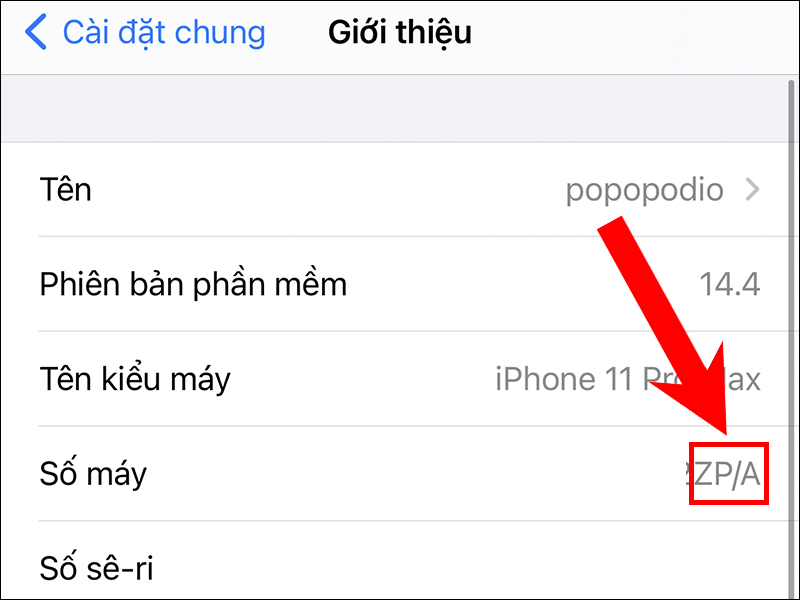 Mã máy iPhone sẽ hiển thị ở phần Số máy