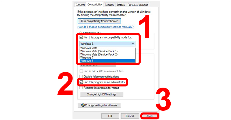Chuyển sang tab Compability và điều chỉnh thông số