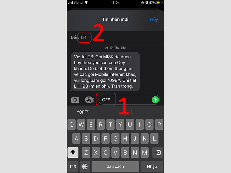 Hủy GPRS Viettel bằng tin nhắn