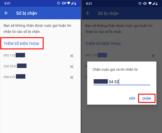 Bước 4: Cuối cùng, hãy THÊM SỐ ĐIỆN THOẠI và xác nhận CHẶN.