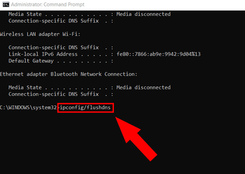 Nhập lệnh ipconfig/flushdns
