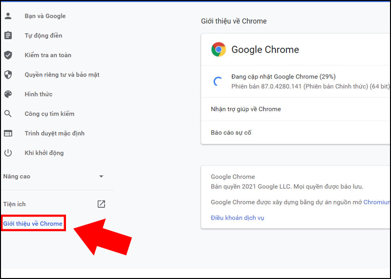 Chọn Giới thiệu về Chrome