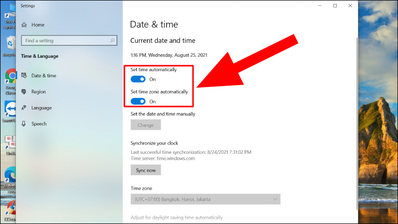 Bật 2 tính năng Set time automatically và Set time zone automatically