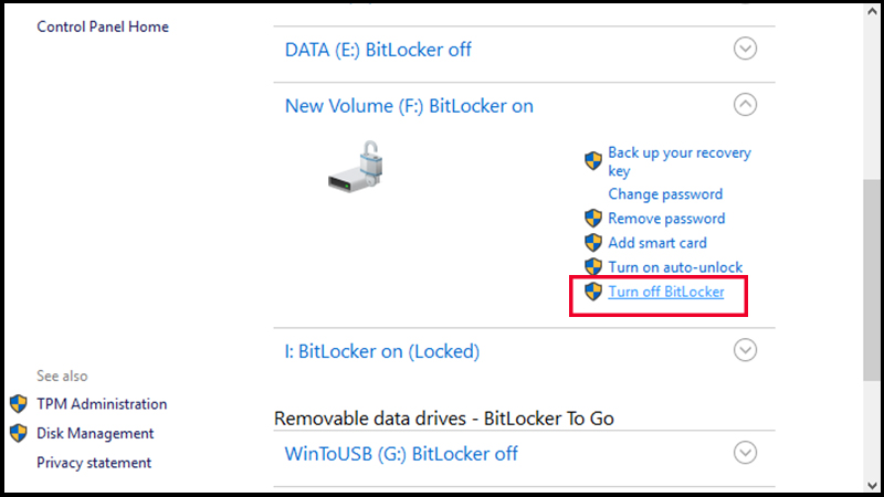 Chọn Turn off BitLocker
