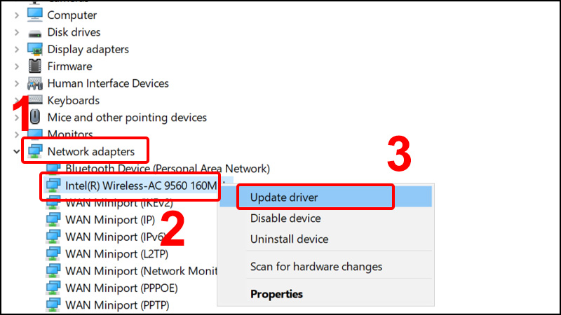 Mở rộng Network adapters vào Adapter đang sử dụng và nhấn Update driver