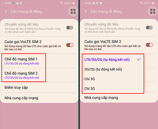 Bước 3: Chọn vào Chế độ mạng SIM 1 hoặc SIM 2. Sau đó, hãy chọn chế độ mạng phù hợp.