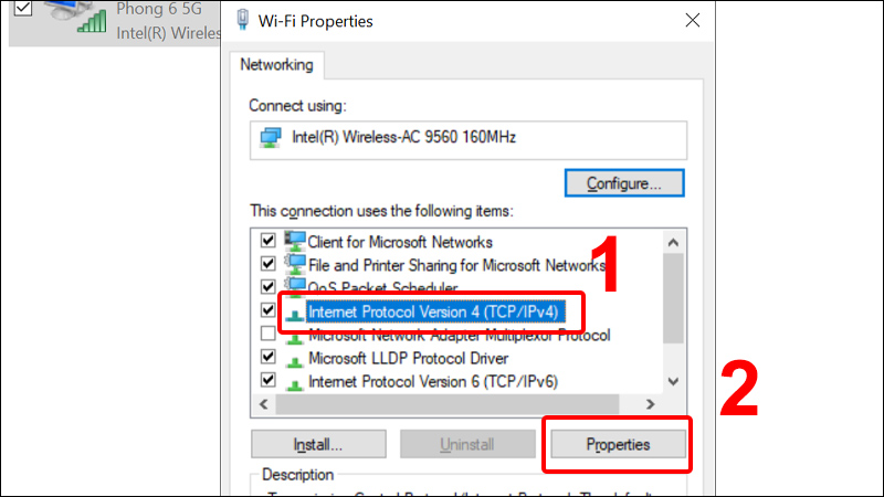 Chọn Internet Protocol Version 4 (TCP/IPv4) và click chọn Properties