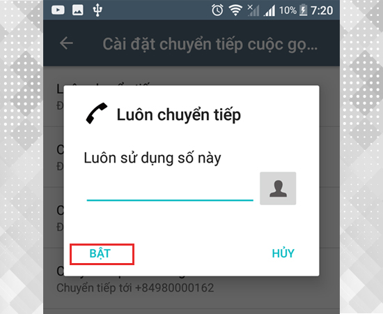 Bước 6: Cuối cùng bạn nhập số thuê bao bạn cần chuyển đến rồi nhấn Bật để hoàn tất