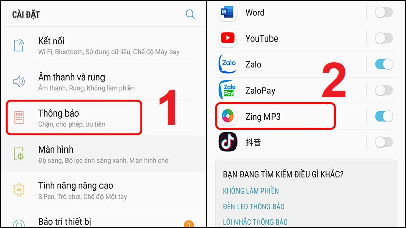 Chọn mục Thông báo ứng dụng Zing MP3