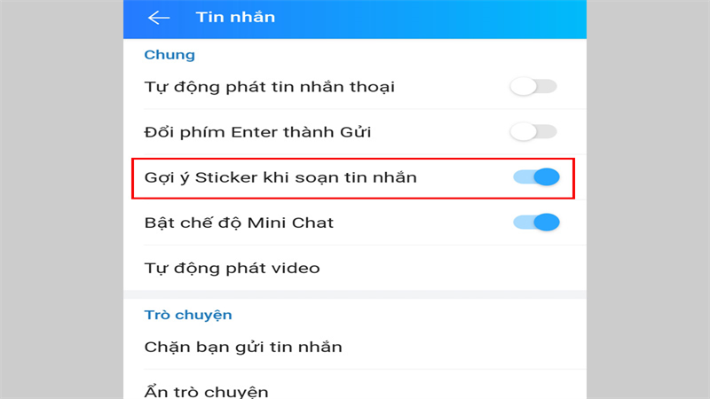 Bước 2: Bật, tắt tính năng gợi ý sticker