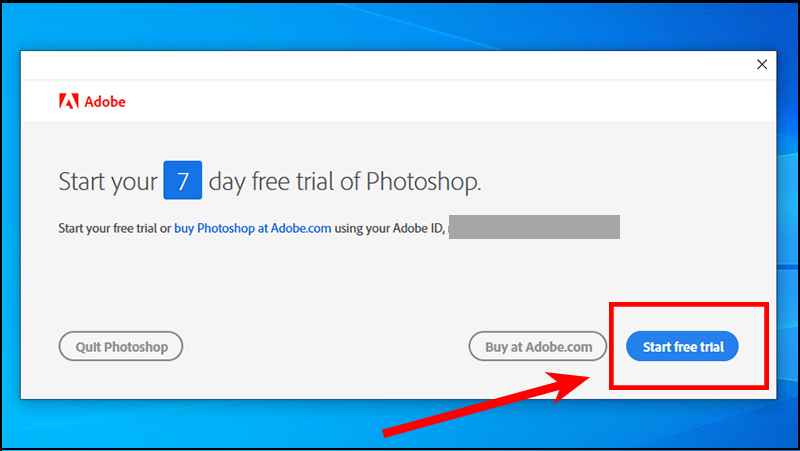 Cửa sổ của Adobe sẽ hiển thị, nhấn vào Start free trial để chạy ứng dụng
