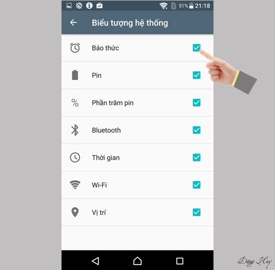Bước 4: Chọn các biểu tượng nếu vô tình bị mất trên thanh trạng thái.