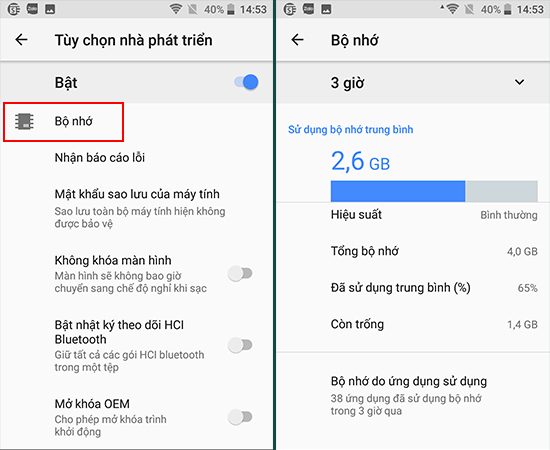 Bước 5: Chọn Bộ nhớ để xem chi tiết bộ nhớ RAM của điện thoại.