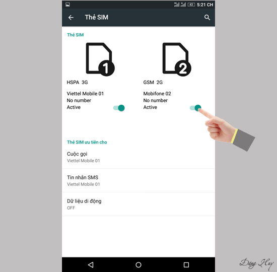 Chọn sim muốn tắt/bật