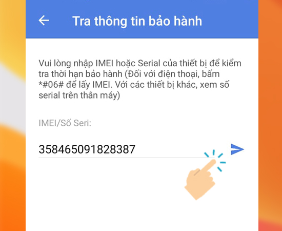 Bước 3: Sau đó bạn hãy nhập số IMEI và gửi để xem thời gian bảo hành.