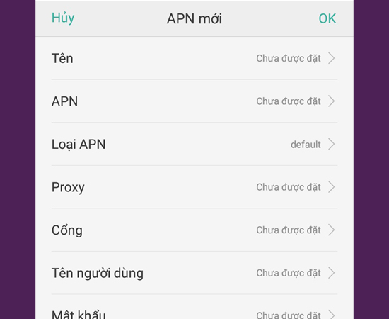 nhập thông số APN tùy thuộc vào nhà mạng