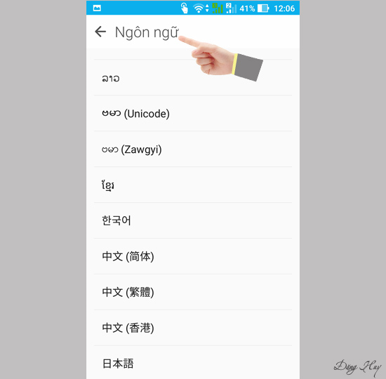 Tìm ngôn ngữ yêu thích và chọn làm ngôn ngữ máy.