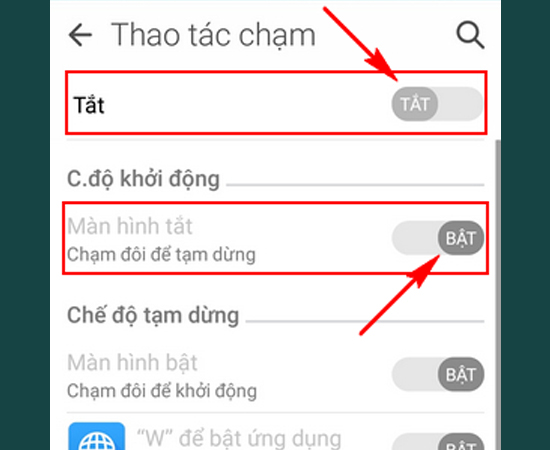 Bước 4: Cuối cùng, hãy kích hoạt tính năng Thao tác chạm và mục Màn hình tắt.