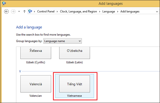 Tại giao diện Add a language, bạn hãy chọn ngôn ngữ Tiếng Viêt