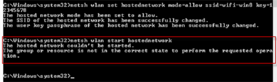 The hosted network couldn't be strartedThe wireless local area network interface is powered down and doesn't support the requested operation