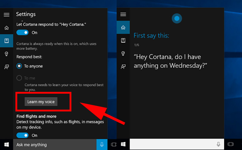 Vào Learn my voice để huấn luyện Cortana