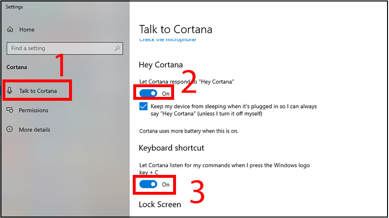 Bật chức năng Hey, Cortana và Windows + C