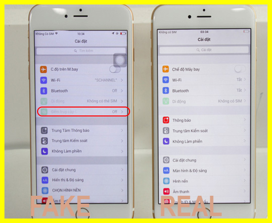 - Giao diện cài đặt: giao diện cài đặt của iPhone thật không có mục Điểm truy cập như trên iPhone giả.\