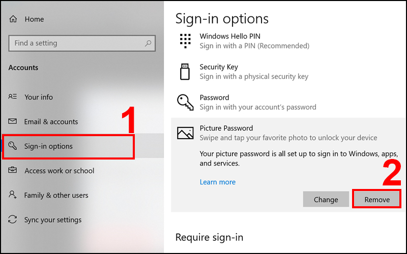 Nhấn Remove để loại bỏ hiệu lực cài đặt mật khẩu bằng hình ảnh