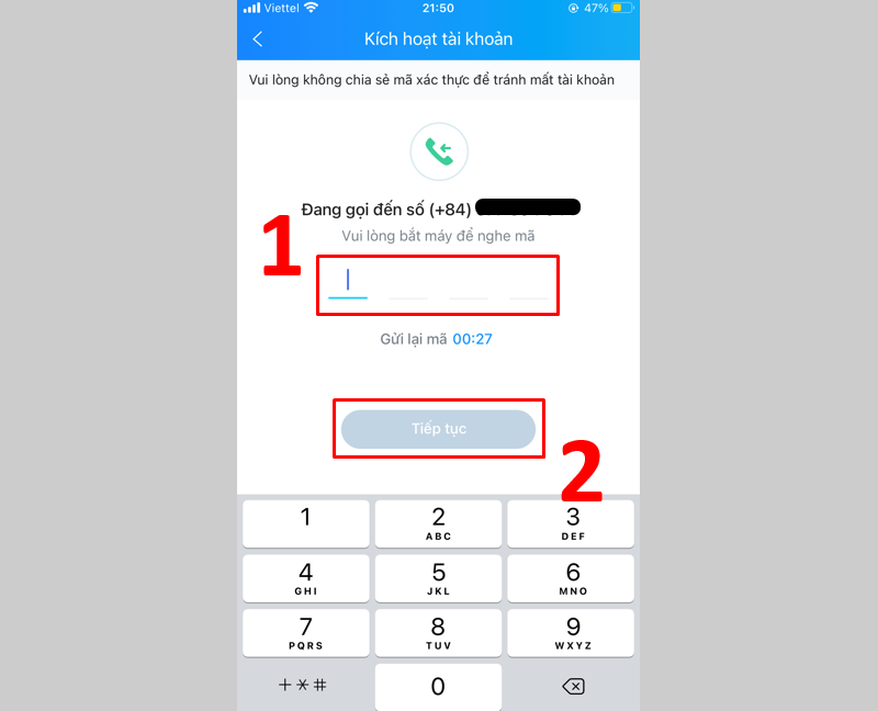 Nhập mã xác thực từ tổng đài