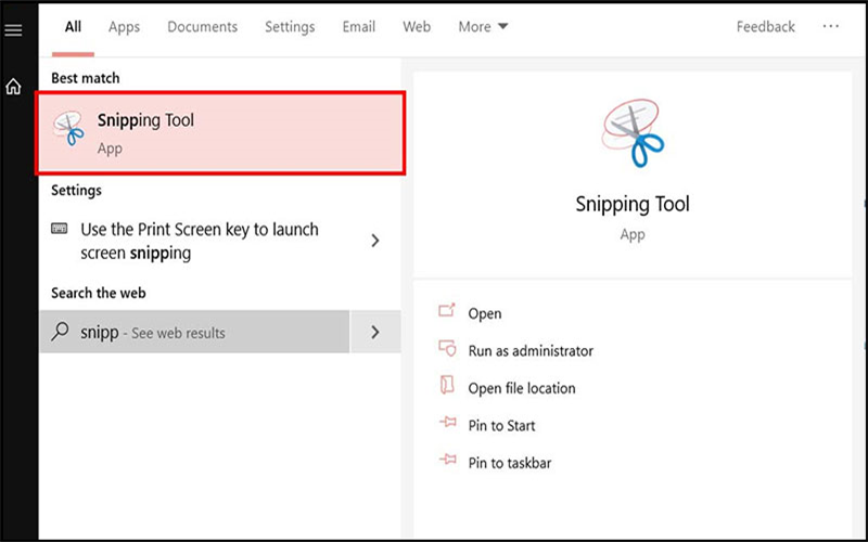 Di chuột vào góc trên bên phải > Nhấp vào biểu tượng tìm kiếm > Gõ Snipping > Nhấp vào Snipping Tool