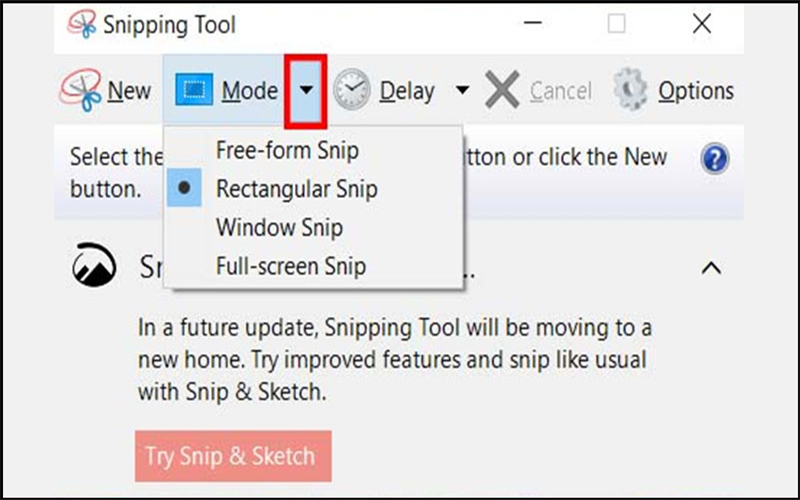 Snipping Tool > Chọn vào mũi tên bên phải chữ Mode > Bạn sẽ thấy 4 tùy chọn