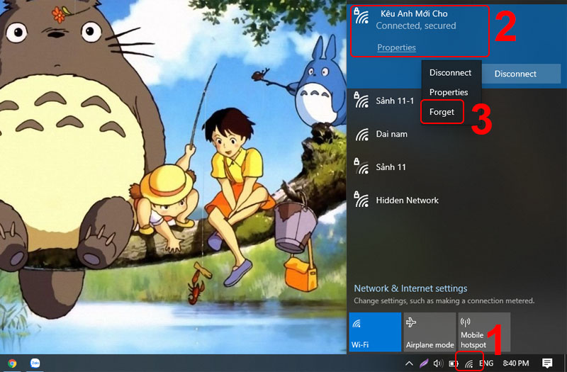 Click chuột phải vào mạng WiFi muốn xóa và chọn Forget