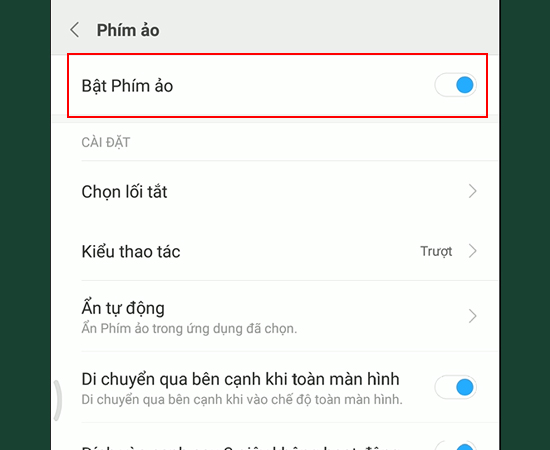 Bước 3: Cuối cùng, chỉ cần Bật Phím ảo lên là xong.