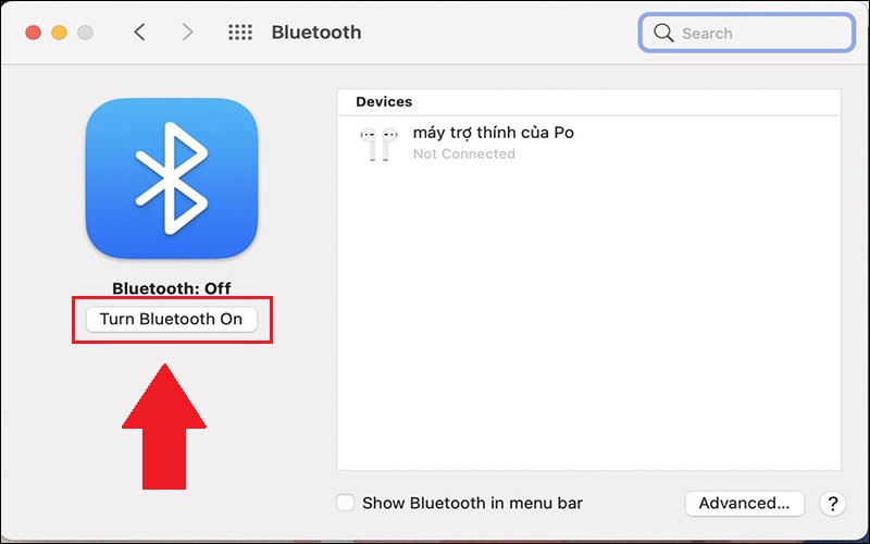 Chọn Turn Bluetooth On để bật Bluetooth