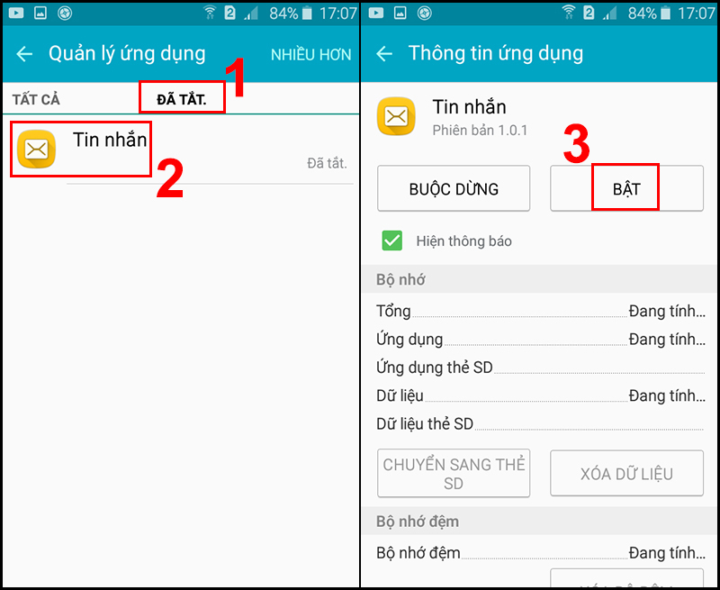 Nhấn nút Bật để ứng dụng Tin nhắn xuất hiện