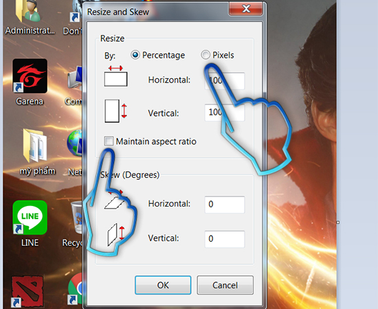 Tại hộp thoại Resize and Skew, chọn pixel và bỏ stick maintain aspect ratio và điền kích thước mong muốn.