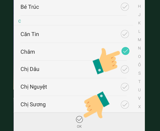 Bước 5: Chọn vào Tên liên lạc bạn cần chặn sau đó chọn OK.