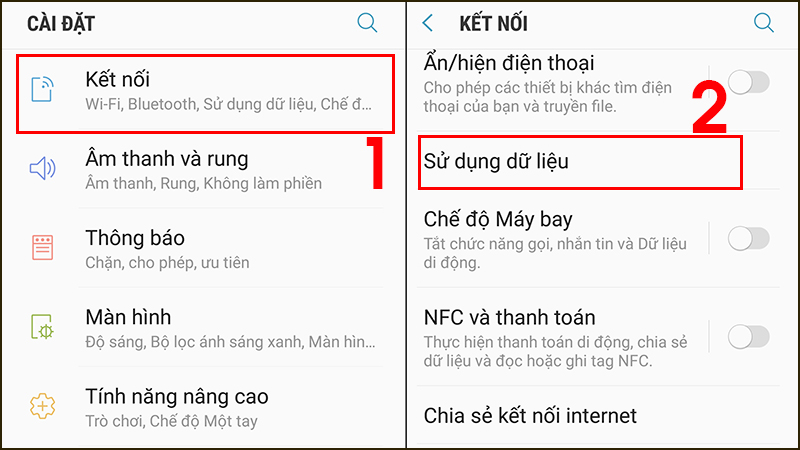Tại Cài đặt, chọn Kết nối > Chọn Sử dụng dữ liệu