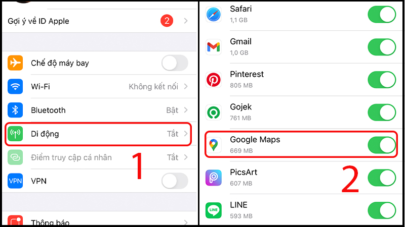 Bật dữ liệu di động cho ứng dụng Google Maps