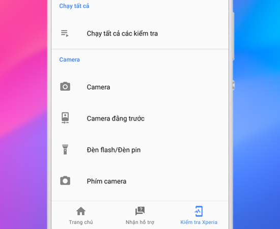 Bạn có thể kiểm tra: Camera, Camera đằng trước, Đèn flash/Đèn pin, Phím camera.