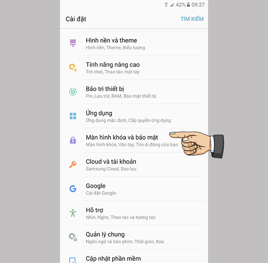 Cài đặt >> màn hình khóa bảo mật