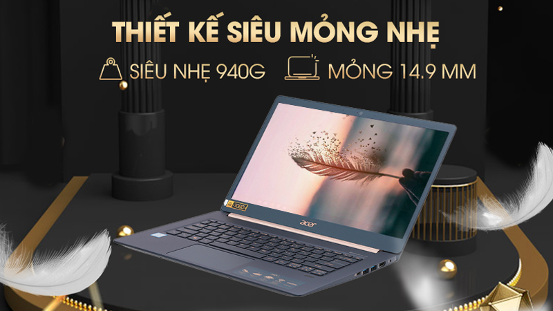 Thiết kế vô cùng mỏng nhẹ của laptop Acer Swift 5 SF514 53T 720R i7 8565U