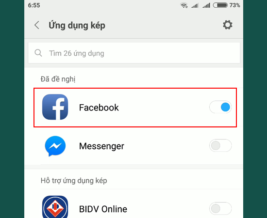 Bước 2: Bật ứng dụng kép của mạng xã hội bạn muốn dùng.