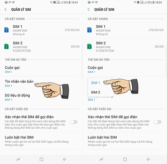 Bước 5: Chọn sim khi nhắn tin.