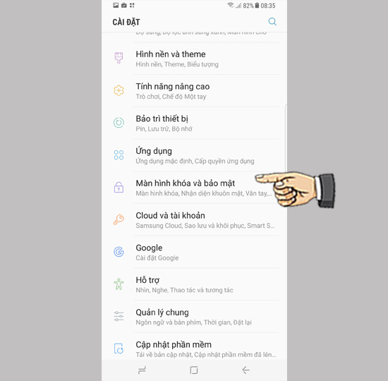chọn Màn hình khóa và bảo mật
