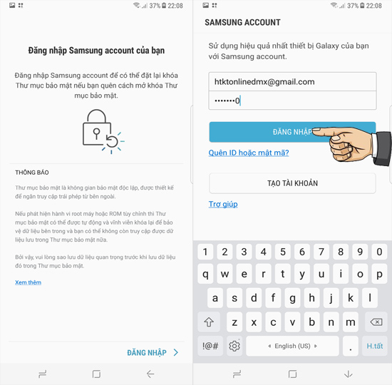 Chọn Đăng nhập và đăng nhập tài khoản Samsung Account.