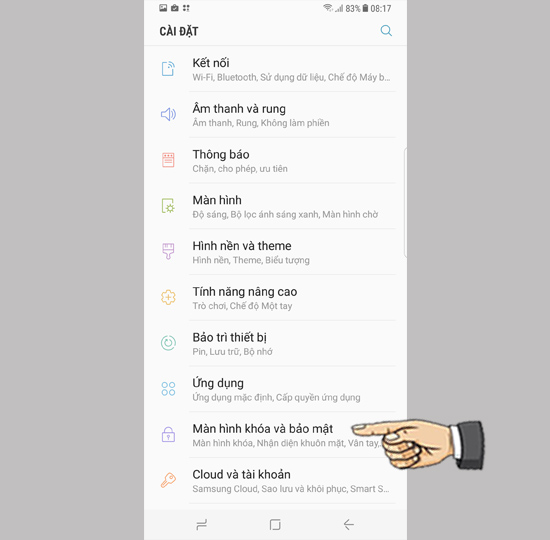 chọn Màn hình khóa và bảo mật