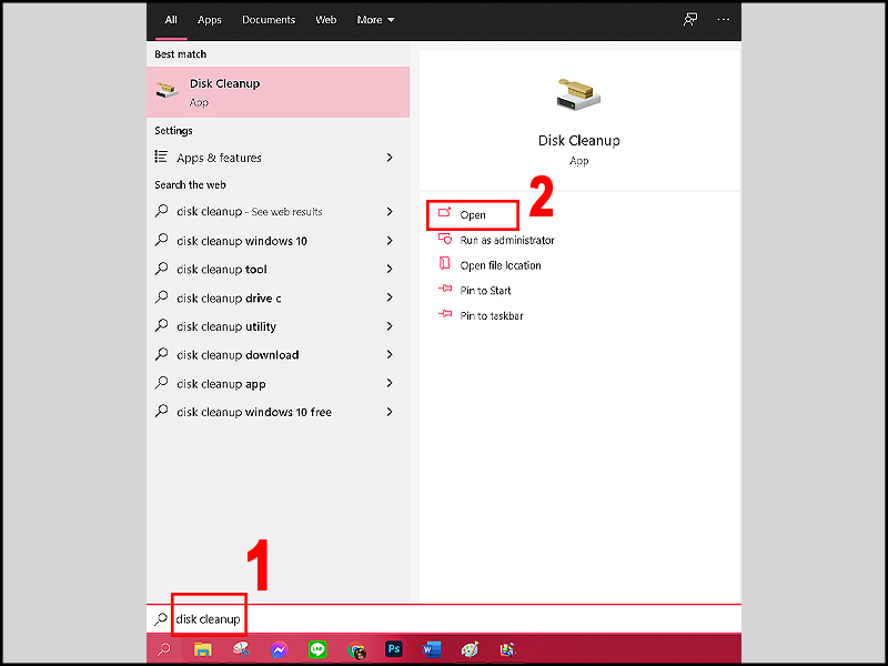Vào tìm kiếm của Windows để tìm mở tính năng Disk Cleanup