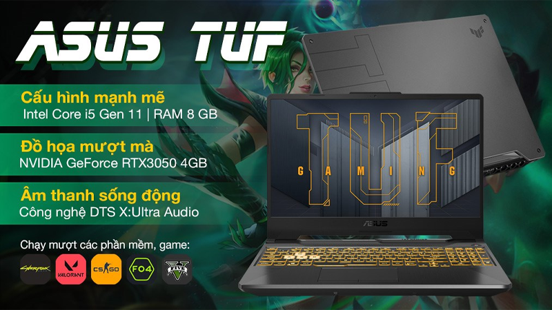 Laptop ASUS TUF Gaming FX506HC i5 11400H có vẻ ngoài nổi bật cùng hiệu năng mạnh mẽ