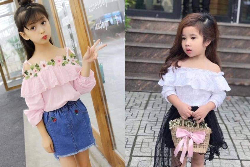 Váy suông bèo trễ vai 1 màu xanh lá cho bé gái | Shopee Việt Nam